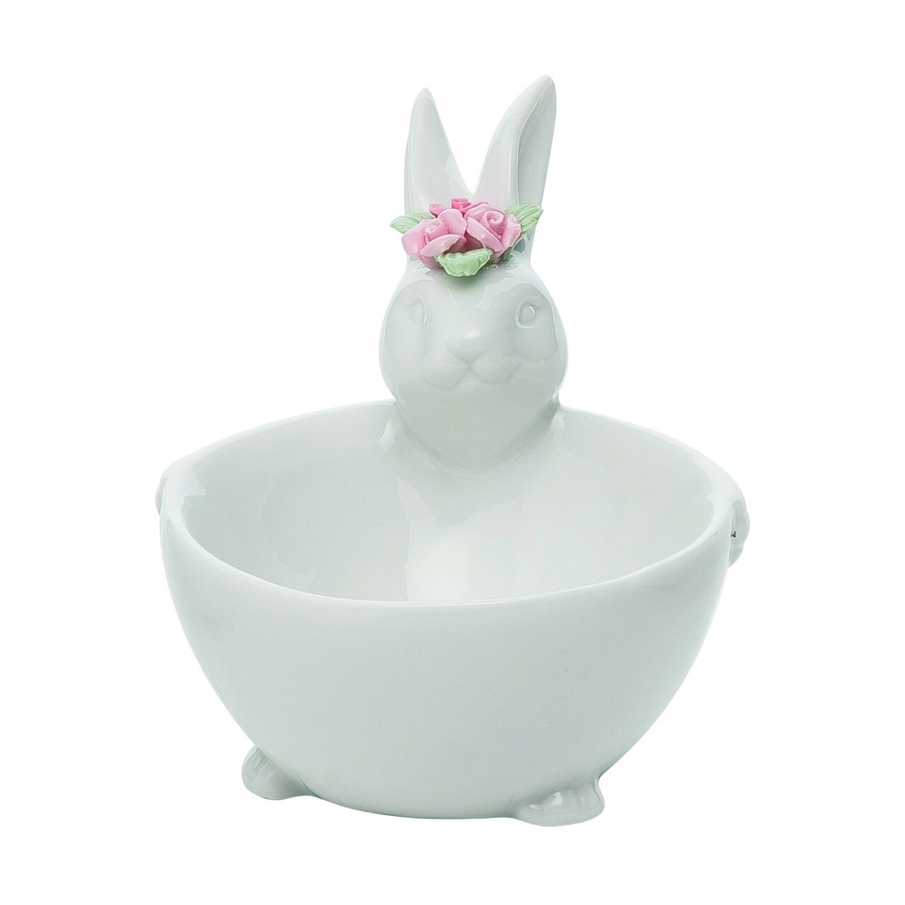 Transpac Ceramic White Easter Bunny Bowl 4.6" with Colored Flowers, Dishwasher Safe, 3.5" Height, Perfect for Tabletop Decor